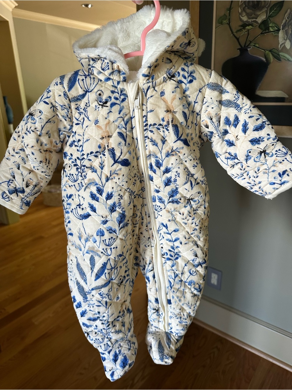 Nordstrom Cream Quilted Baby Bunting with Blue Floral Print